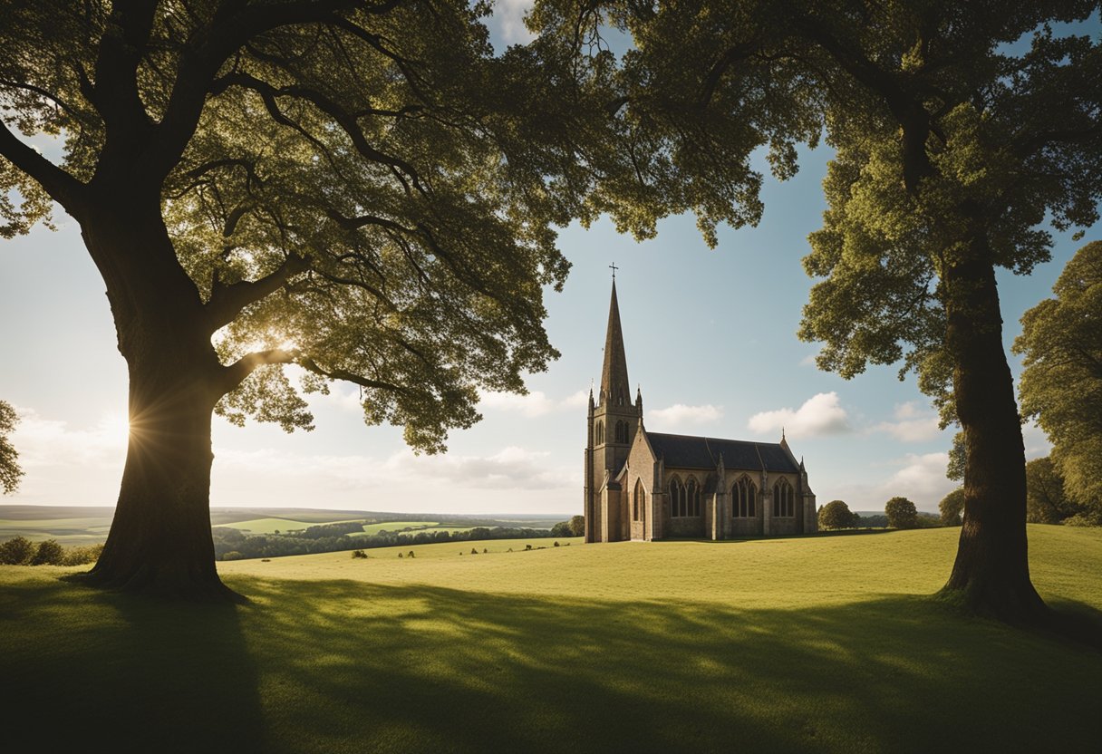 The Church of England stands tall, with a pointed steeple and arched windows, surrounded by a peaceful countryside landscape