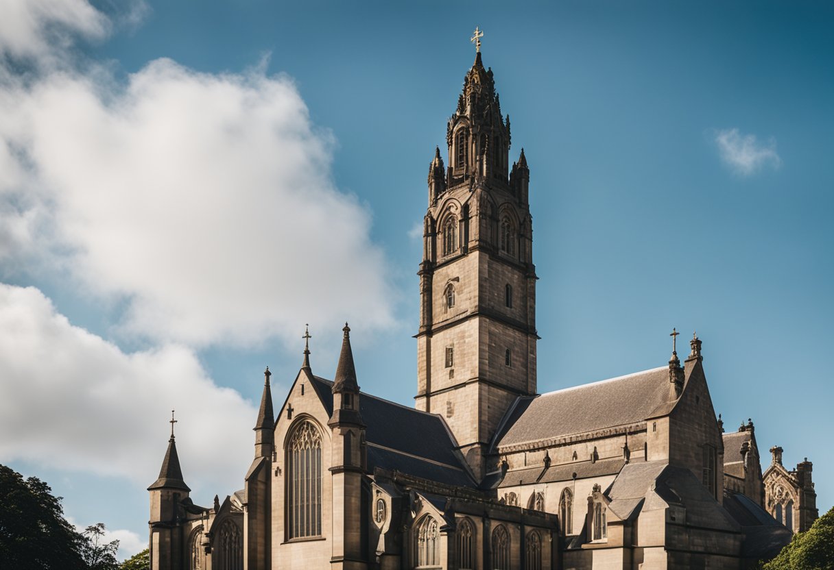 The iconic Scottish Church College stands tall against the backdrop of a clear blue sky, with its grand architecture and intricate details